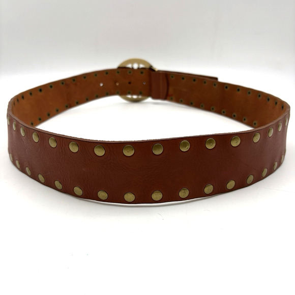 Vintage Y2K Calvin Klein 610664 Brown Studded Leather Brass Medallion Belt L 40\